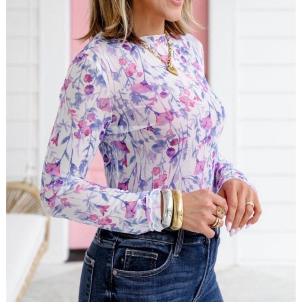 BLUEVELVET top Blue Velvet short Floral Mesh Long Sleeve top stretchy mesh crew